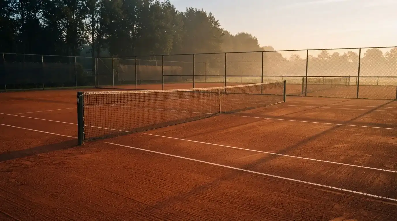 Ein Tennisplatz bei Sonnenaufgang, Netz und Linien im Streiflicht, ohne Menschen, mit langen Schatten auf dem Sandbelag.