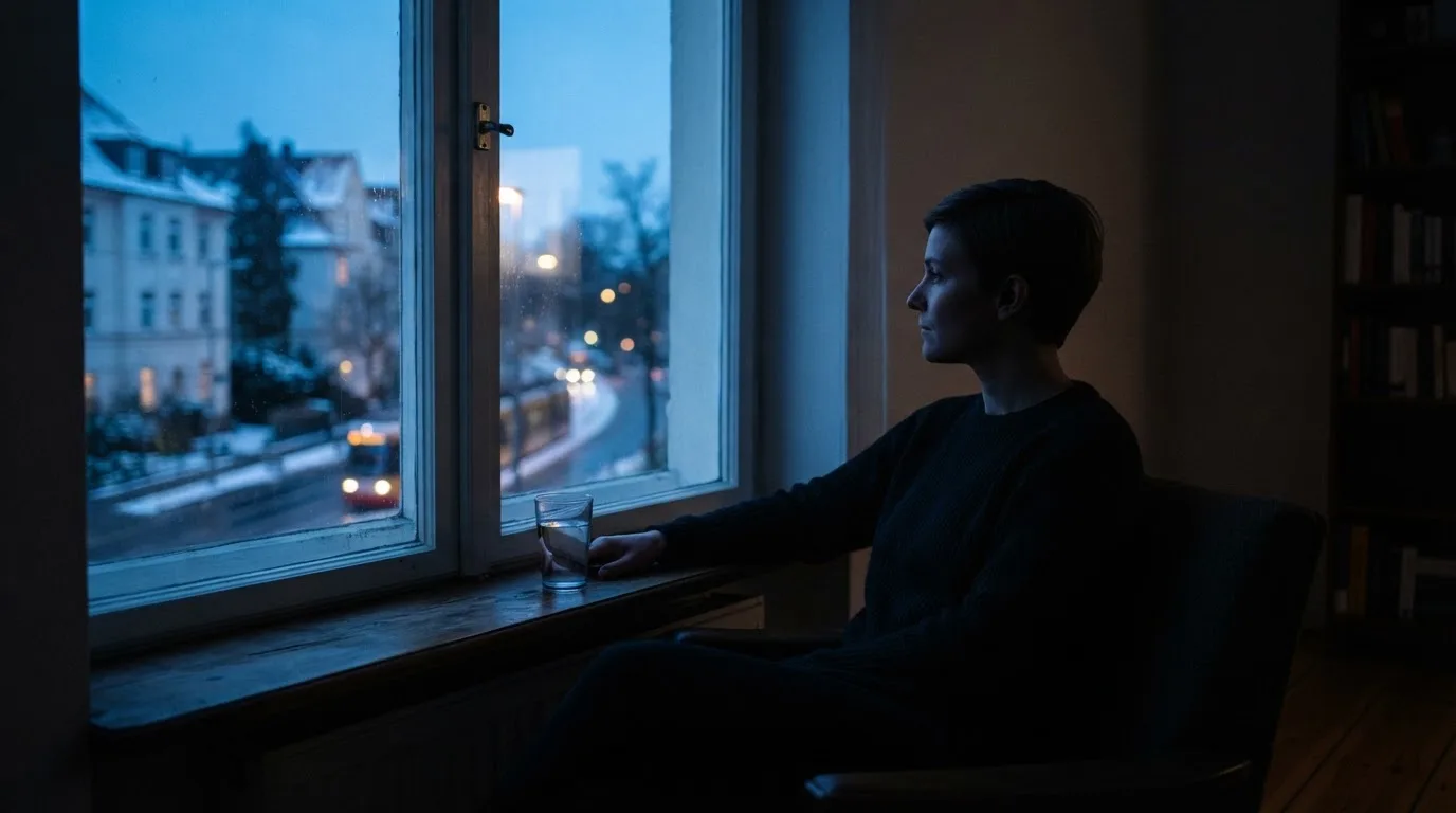 Die Silhouette einer Person sitzt am Abend am Fenster und blickt auf eine Straße, auf dem Fensterbrett steht ein Glas Wasser.