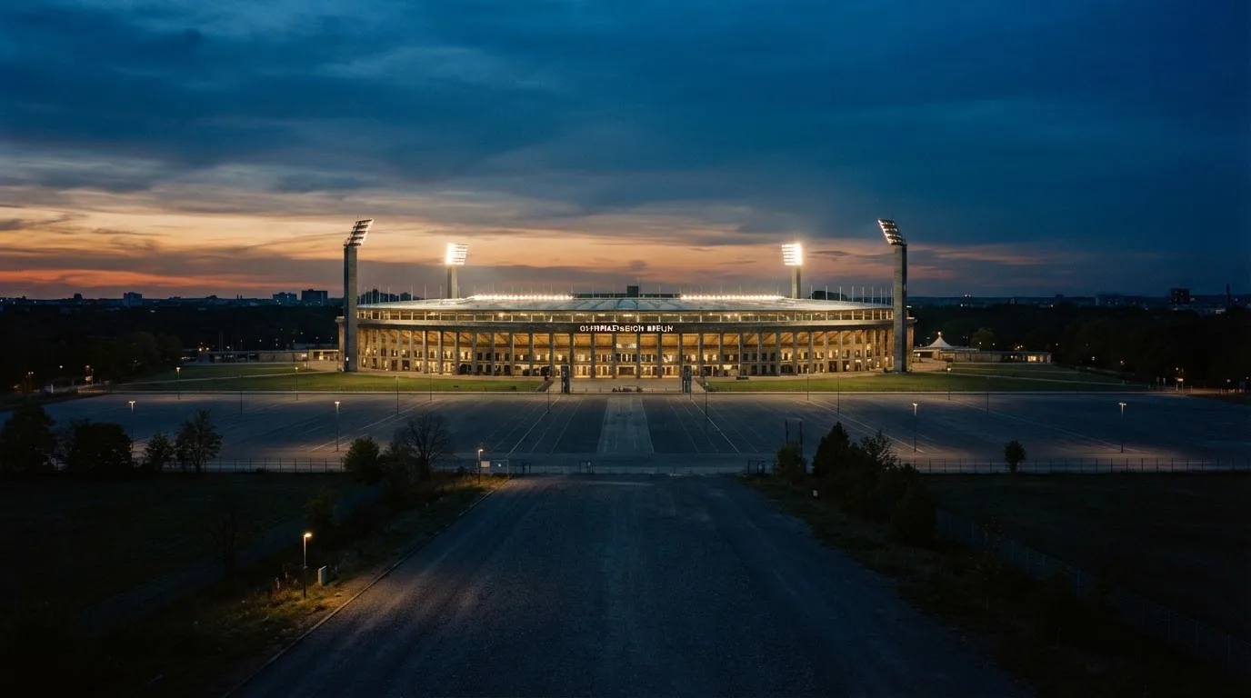 Ein Stadion unter Flutlicht aus der Ferne gesehen, in der Dämmerung, davor ein leerer Parkplatz und ein Feldweg.