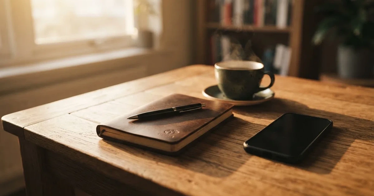 Ein Holzschreibtisch im Morgenlicht mit geschlossenem Notizbuch, Kugelschreiber und Kaffeetasse, daneben ein Smartphone mit dunklem Bildschirm.